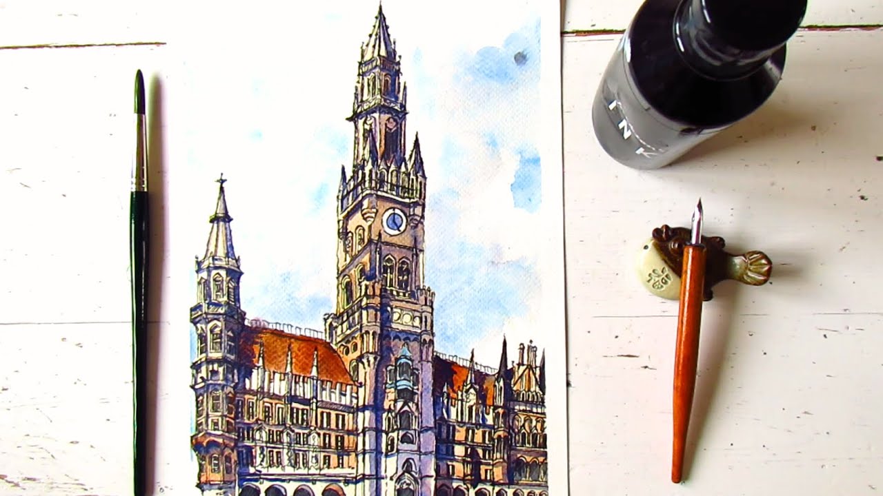 Городской скетчинг: Новая ратуша Мюнхена, тушь и акварель, готическая архитектура | Ратуша