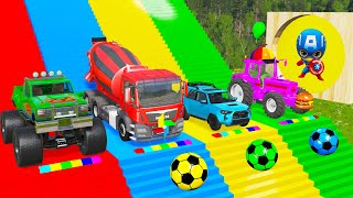 TRANSPORTING PIXAR CARS & FRUITS WITH COLORED & JOHN DEERE vs CLAAS vs TRACTORS - BeamNG.drive