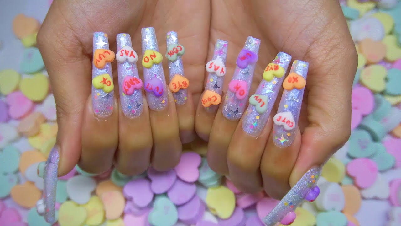 Candy Hearts Vday Design 3d Nail Art How To Tutorial Easy for Beginners