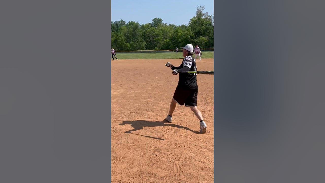 Men’s Slowpitch Softball 🥎 My 64 year old Dad base hits one to left ! 💪