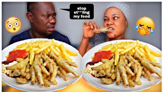 SNEAKING MY HUSBAND FOOD MUKPRANK | CHICKEN FEET WITH FRIES AND PEPPER SAUCE MUKBANG