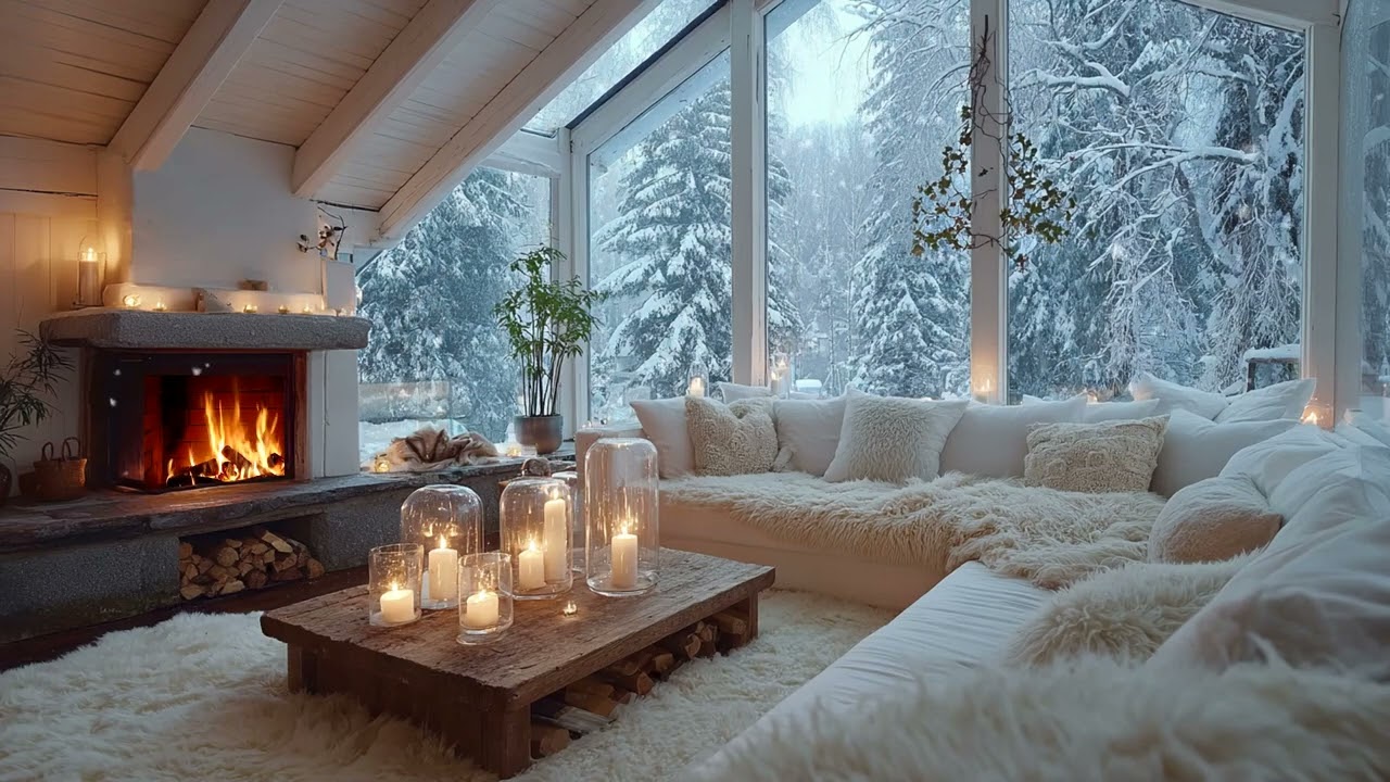 🤍🎹 Winter White Piano Lounge with Cozy Fireplace and Blooming Flowers for 3 Hours of Calm Healing