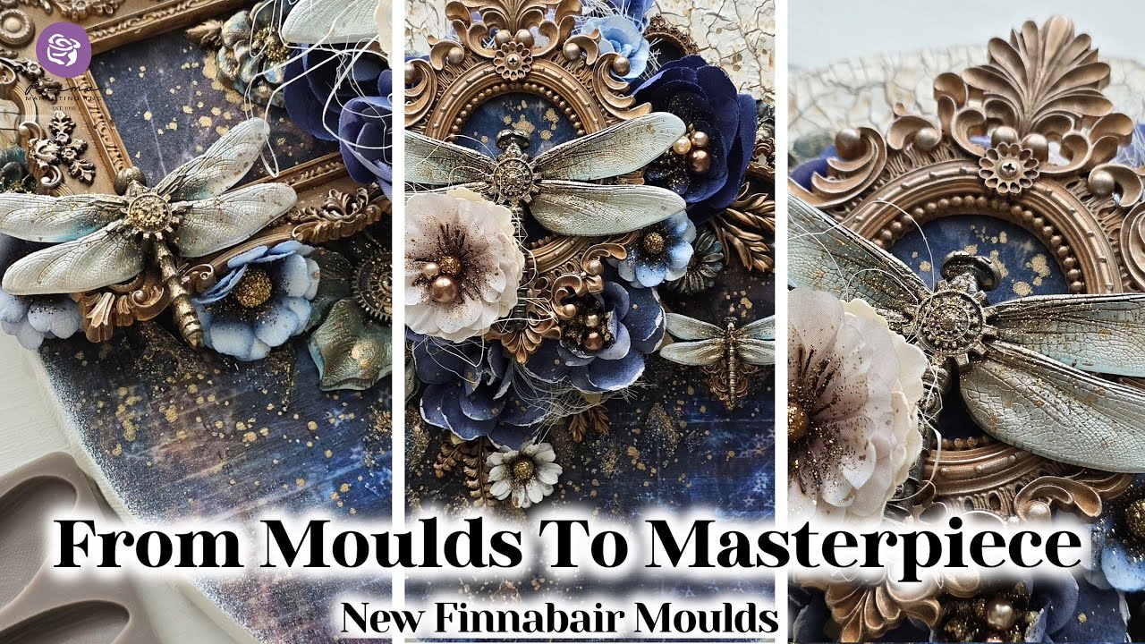 Stunning Mixed Media Round Canvas | Finnabair Rusty Flowers, Fresh Foliage & Dragonflies Moulds 