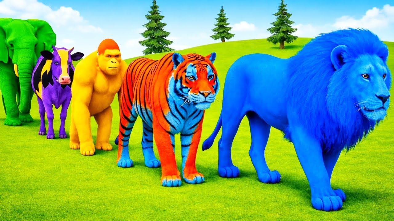 Long Slide Game Funny 3D Animals Race | Tiger vs Elephant vs Gorilla vs Cow vs 3D Slide Animal Game