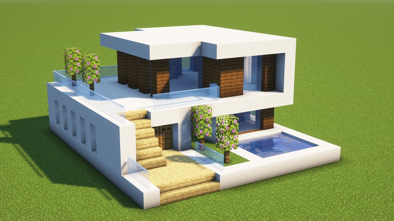 Modern minecraft house with swimming pool