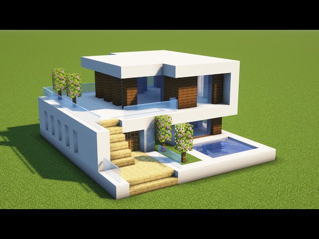 Dramatic minecraft house with pool and abstract trees