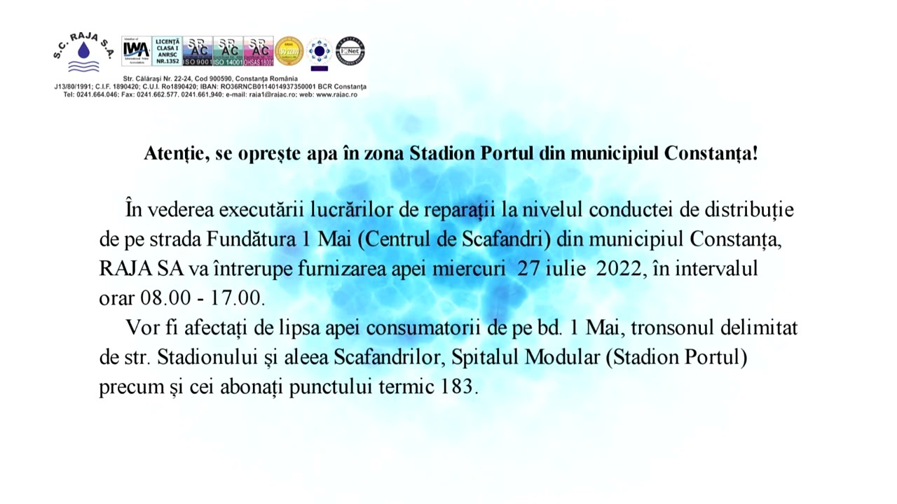 Atenție, se oprește apa în zona Stadion Portul din municipiul Constanța!