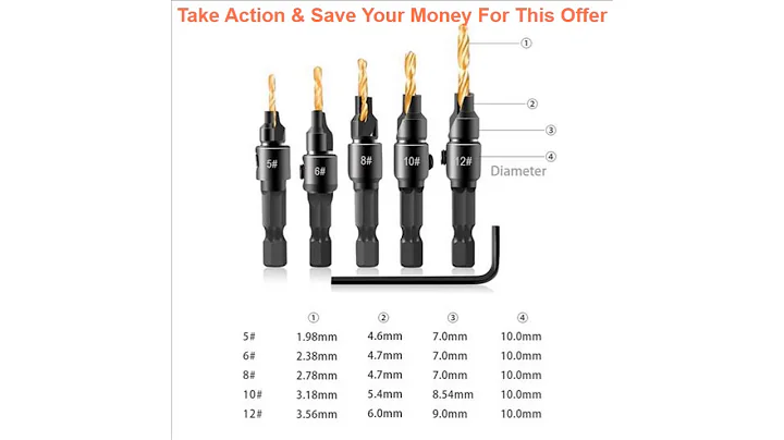 Deal 5pcs Countersink Drill Woodworking Drill Bit Set Drilling Pilot Holes For Screw Sizes #5 #6 #8