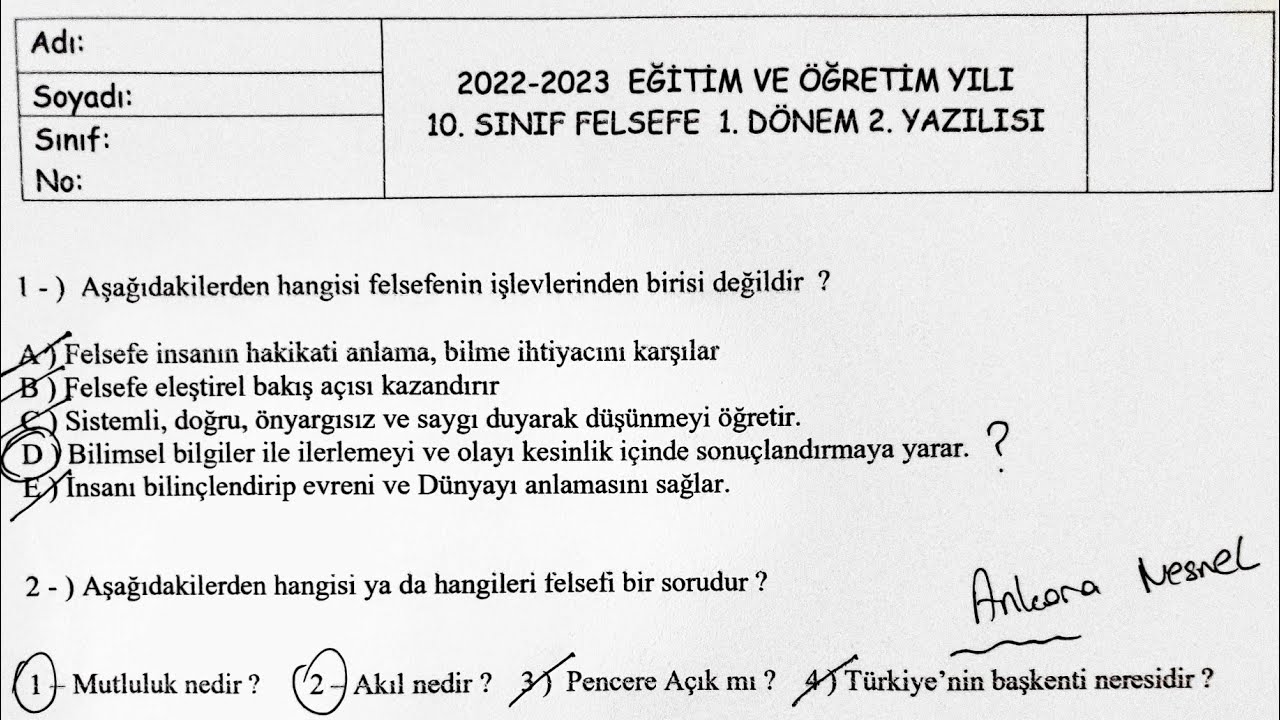 10.Sınıf Felsefe 1.Dönem 2.Yazılı