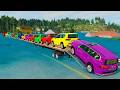 Flatbed Trailer McQueen Transportation with Truck - Speedbumps vs Cars vs Train - BeamNG Drive #005