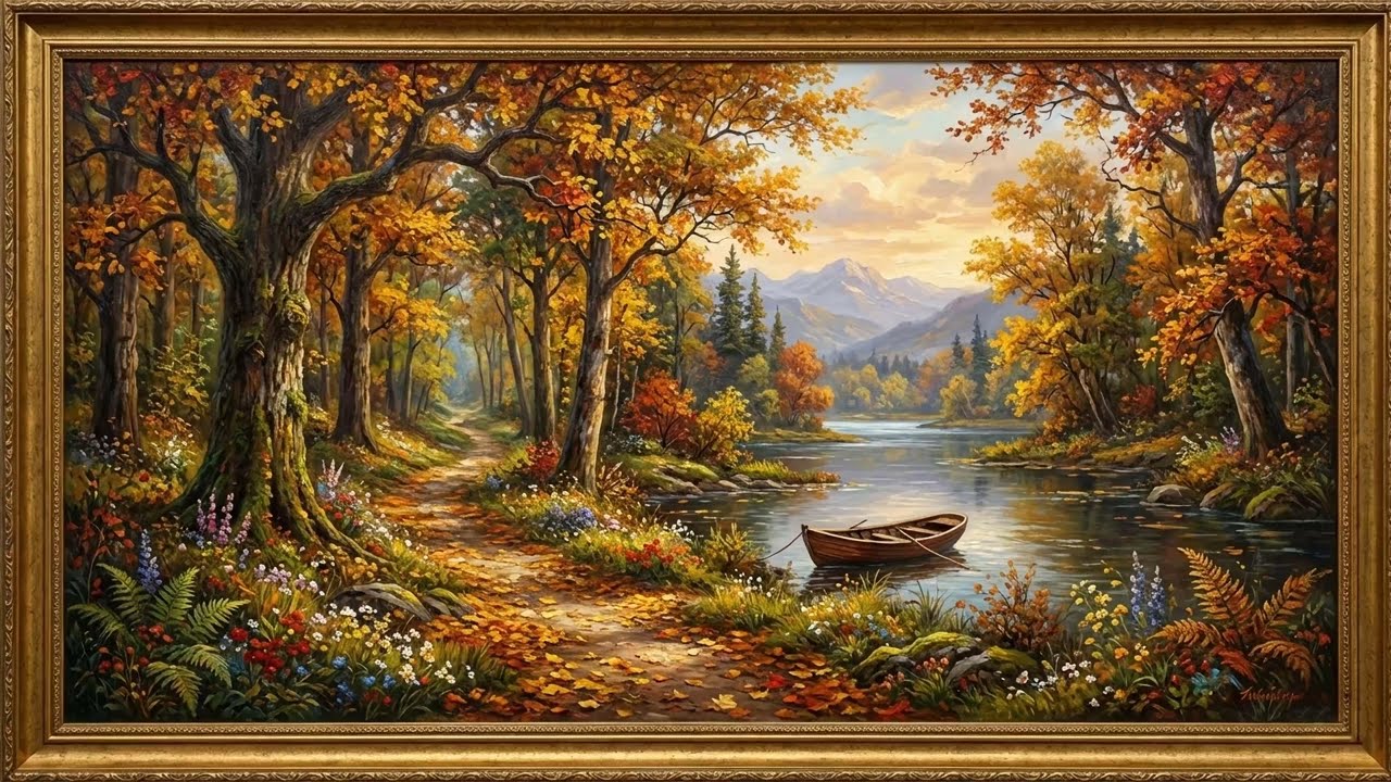 Autumn Forest And River (2 Hours), Impressionist Oil Painting | Gold Framed Screensaver for TV 4К