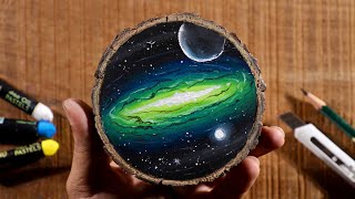 A Galaxy on Wooden Coaster / Drawing with Oil Pastels / Step by Step