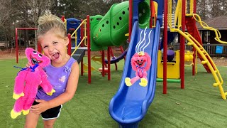 Kids Real Life Kissy Missy goes to the kid ParkKissy Missy on MONKEY BARS & Slideskids Park Day