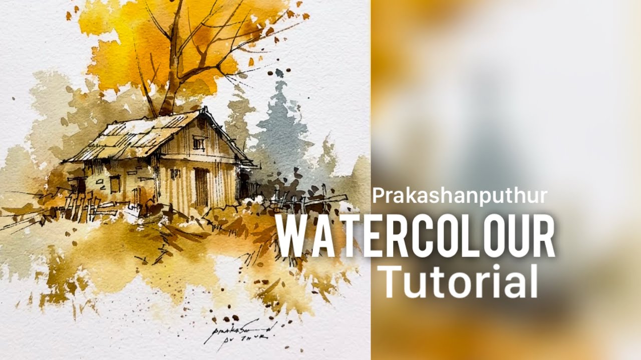 Easiest & quickest water colour landscape | line and wash technique for ...