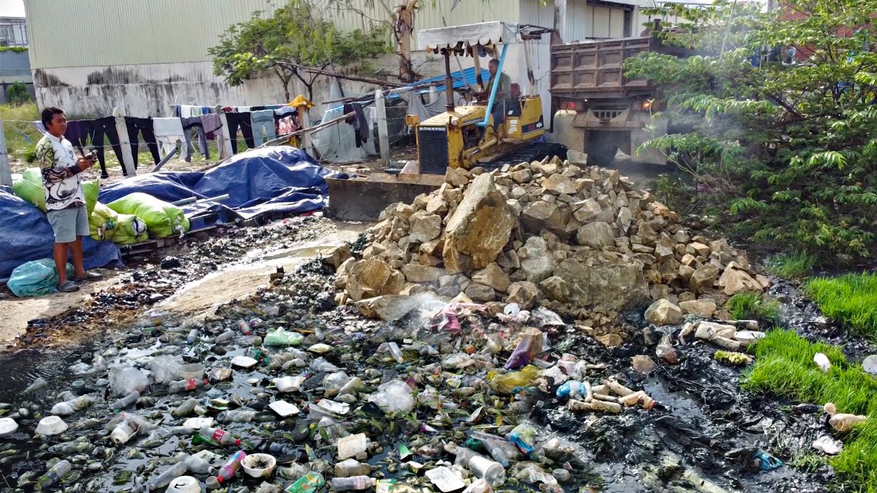 First Starting A New Project!! Filling Land Delete Garbage By Bulldozer Push stone with 5ton Trucks