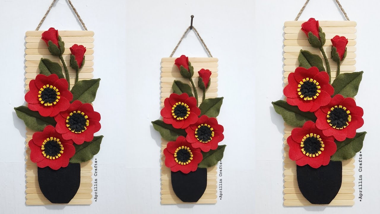 Diy Homedecor Ideas Diy Popsicle Stick Crafts Diy Hiasan Dinding Stik Es Krim Dan Bunga Flanel Youtu Fabric Flowers Diy Craft Stick Crafts Diy Yarn Flowers