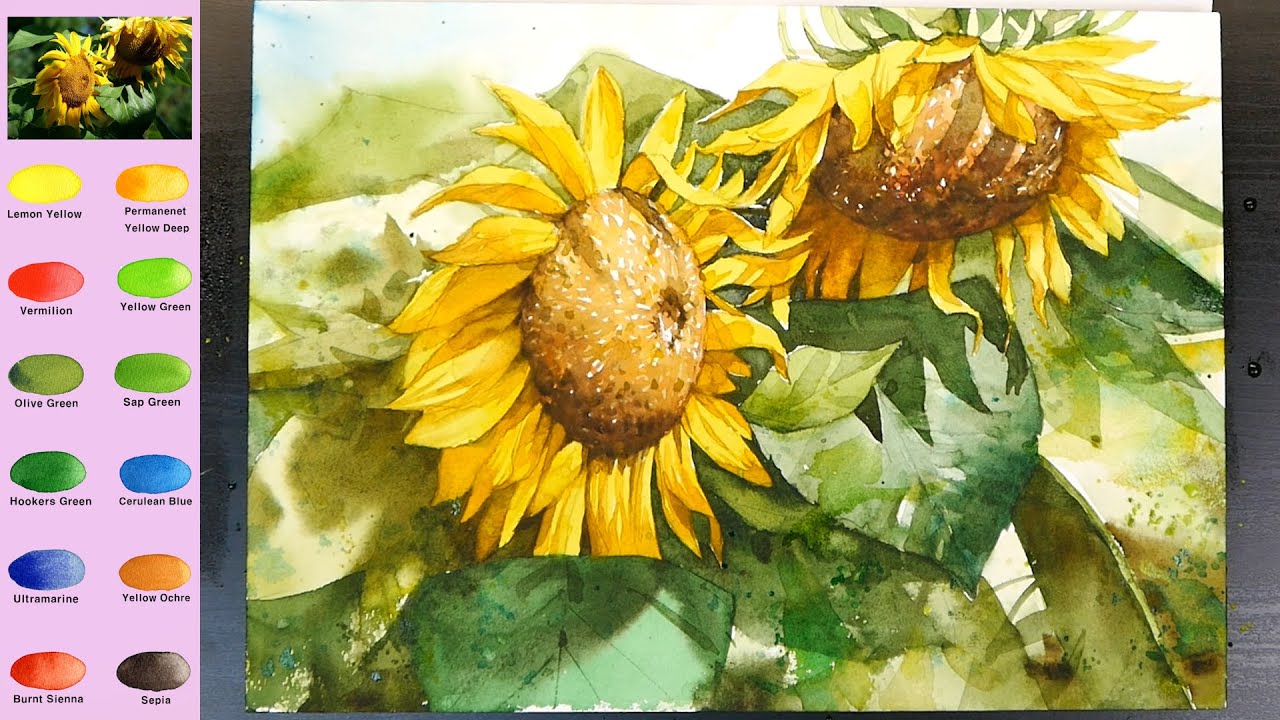 Цветок  Пейзаж Акварелью -  Подсолнухи.  (эскиз и  просмотр названия цвета)