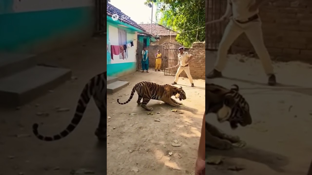 🔴Tiger Attacks in Village! Brave Police Confronts Wild Tiger | Sora AI Realistic Scene