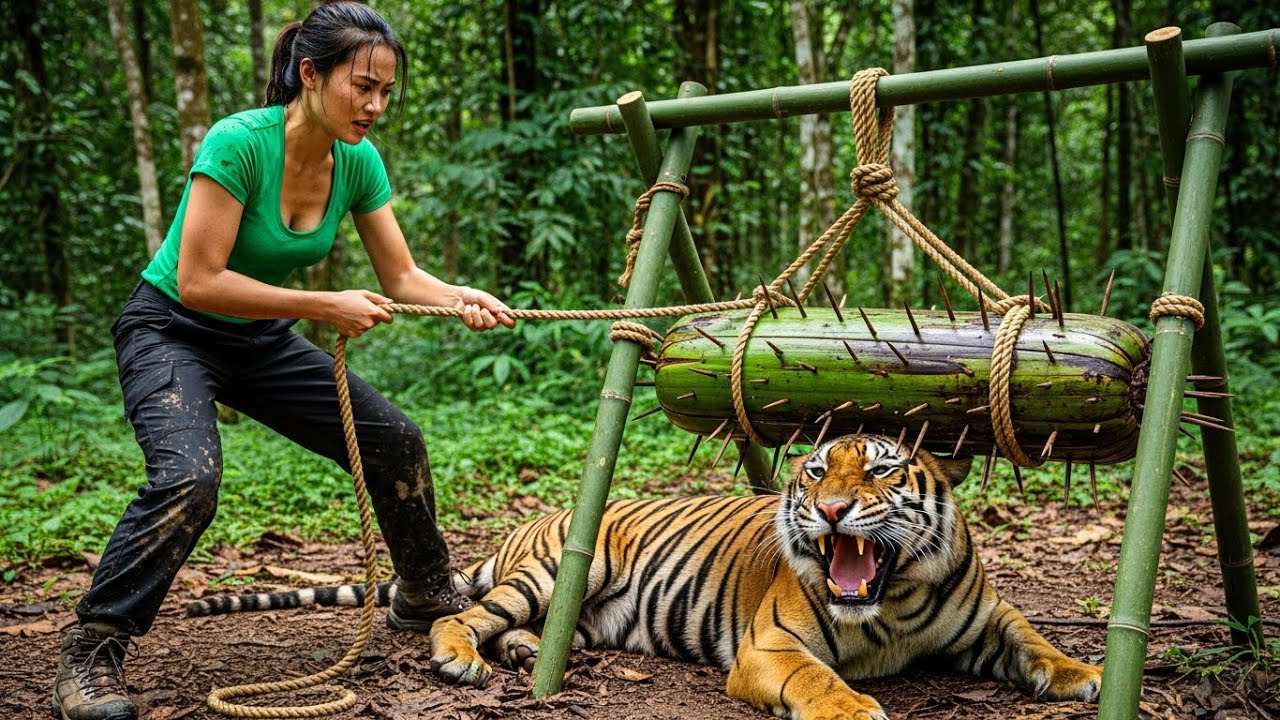 30Days of Survival Young Girl Discovers a BIG TIGER in the FOREST, MAKES A TRAP TO PREVENT THE TIGER
