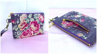 ファスナーポーチ作り方　ポーチ作り方　裏地付きフラットポーチ　How to make a zipper pouch ファスナーポケット付き 12ｃｍファスナー 18ｃｍファスナー使用 丸角