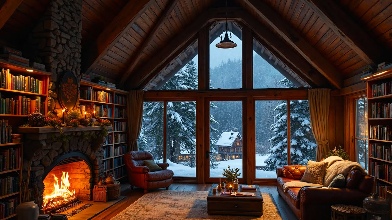 Snowfall at Cozy Winter Living Room Ambience ❄️🔥 Slow Piano Music & Fireplace Sounds for Relaxation