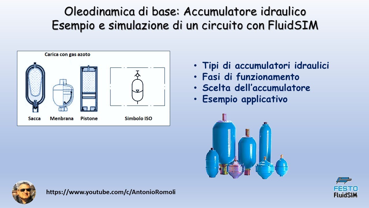 Oleodinamica di base:  Circuito con un accumulatore idraulico - Schema e simulazione con FluidSIM