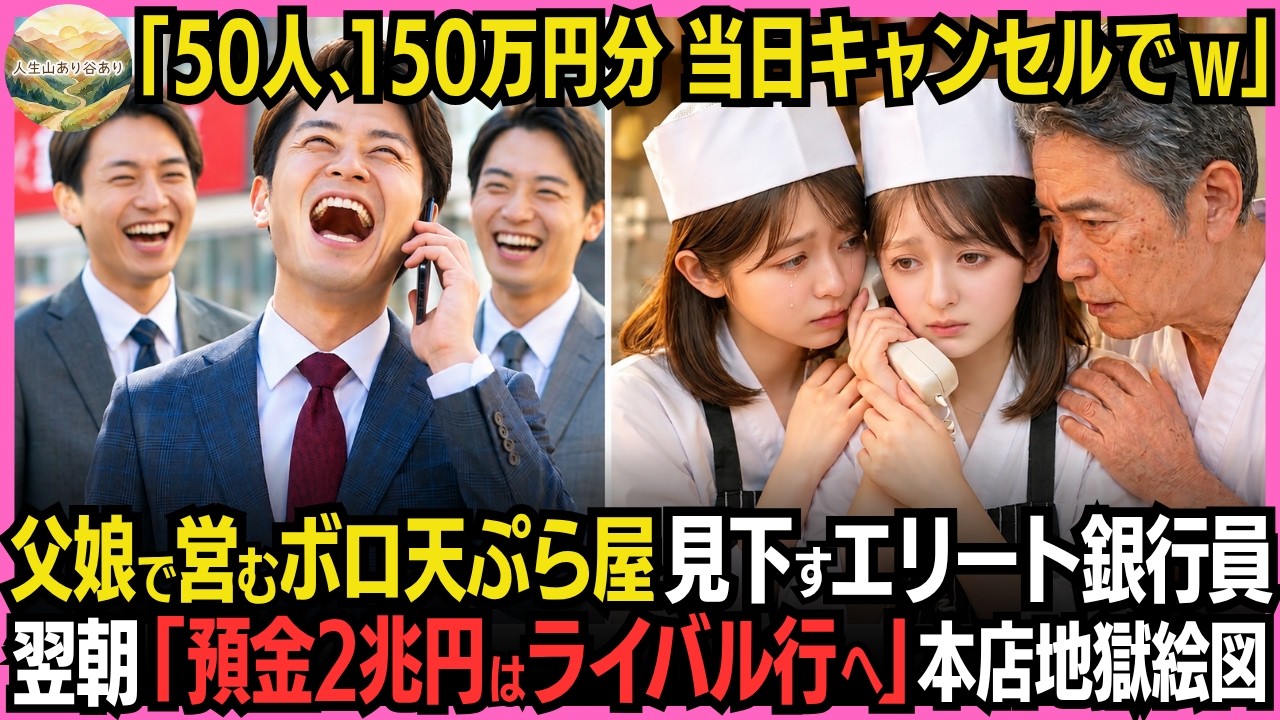 予約金150万円の宴会を、当日朝に「キャンセル料なんて1円も払う気ない」と一方的に切られた。仕込み済みの高級食材は140万円分。返済が迫る借金を抱える小さな天ぷら屋で、17歳の私は父と妹と3人で立ち尽くした。銀行員の杉本は言い放った。「ボロ天ぷらに150万の価値なんてねえだろ。てかお前らみたいな底辺が銀行から借金してること自体が間違いなんだよ」父は頭を下げるしかなかった。私は泣くことも叫ぶこ...