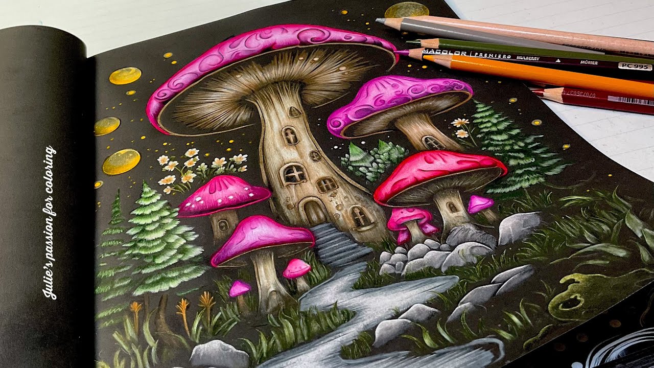 🍄MIDNIGHT MAGIC FUNGI by Myra Rowse ✏️ prismacolor pencils - easy coloring tutorial 🌸