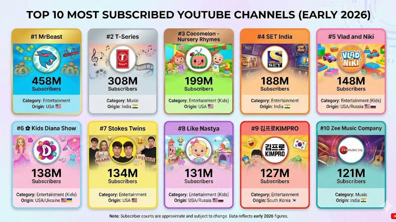 Top 10 YouTube Channels Dominating 2026 (Subscribers Breakdown) - YouTube