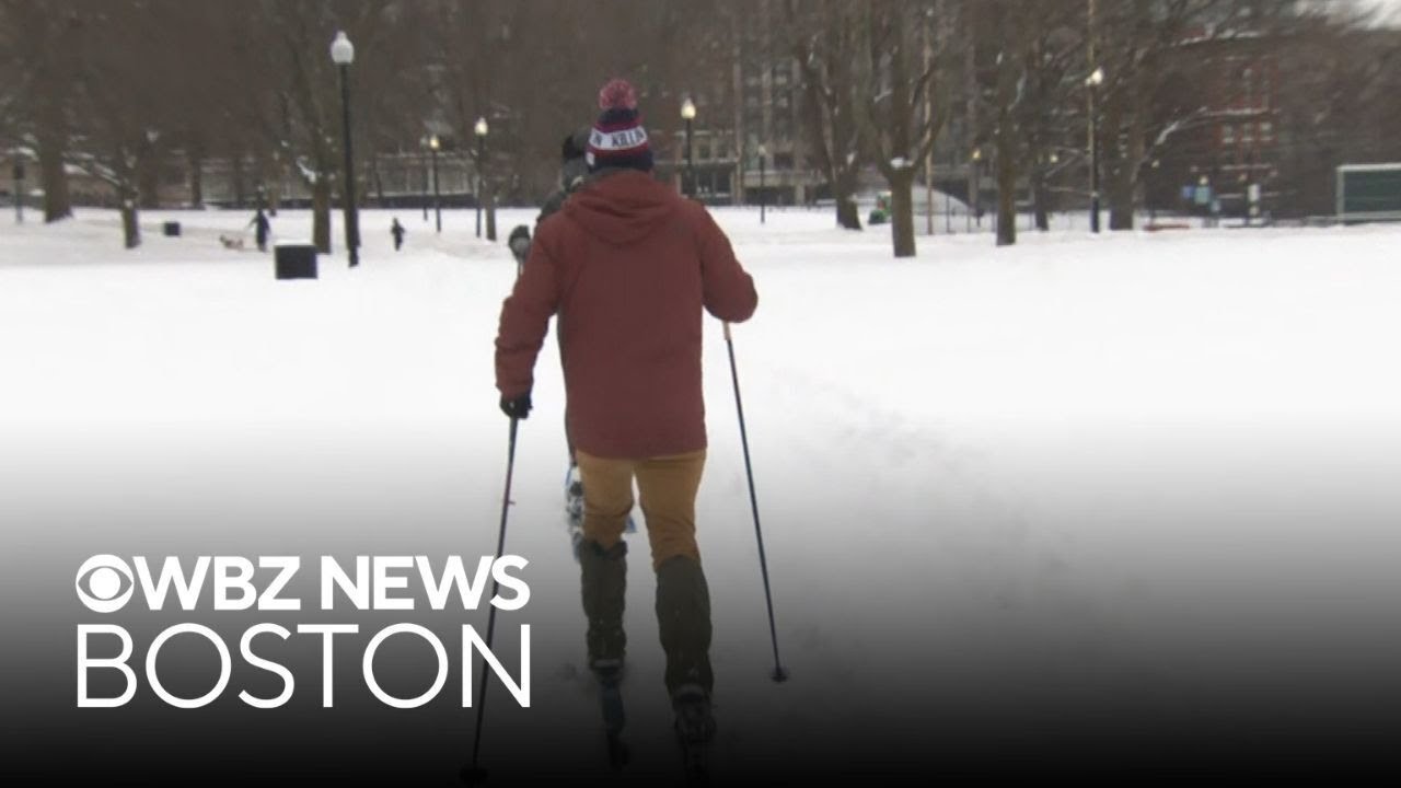 Boston residents commute to work on skis after major snowstorm