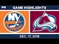 NHL Highlights | Islanders vs. Avalanche - Dec 17, 2018