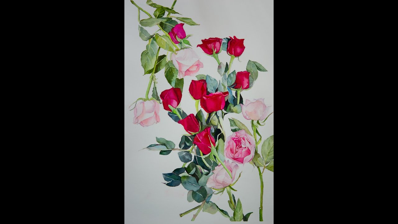Watercolor Painting of Pink and Red Roses