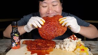 "Pork cutlet" with [[Hot spicy chicken flavor sauce]] Buldak !! - Mukbang eating show