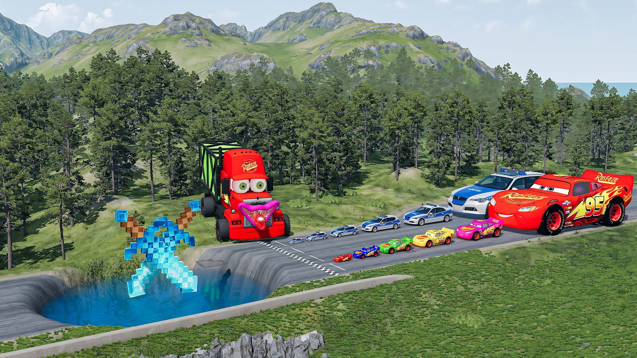 Big & Small McQueen & Police Car vs Zombie Mack,Giant Water Pit & sword Downhill Race –BeamNG.drive