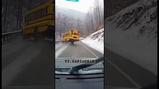 SCHOOL BUS LOSES CONTROL ON ICY ROAD. SLIDES OFF ROAD AND CRASHES.