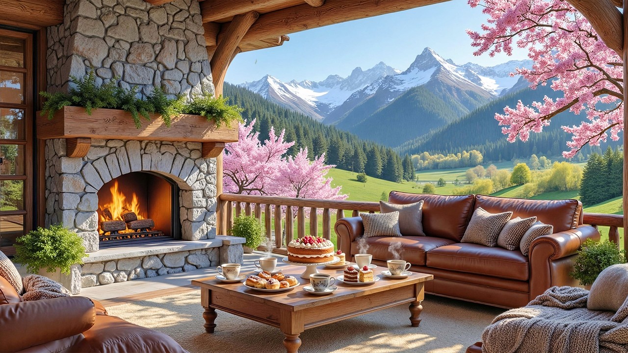 Tranquil Piano Music in Cozy Spring Porch Ambience 🌺 | Fireplace Sounds for Relaxation