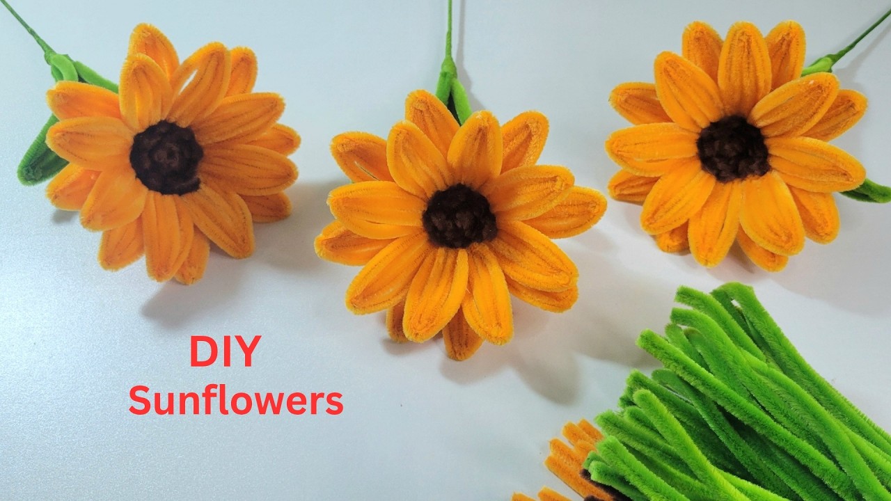 How to Make Pipe Cleaner Beautiful Sunflowers | Orange & Brown Chenille Easy Bouquet Flowers.