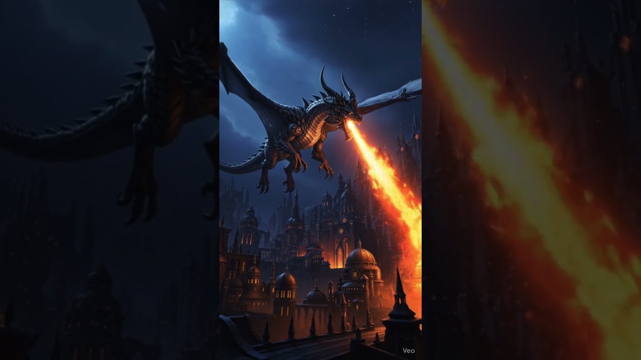 Dragon flying over a magical city