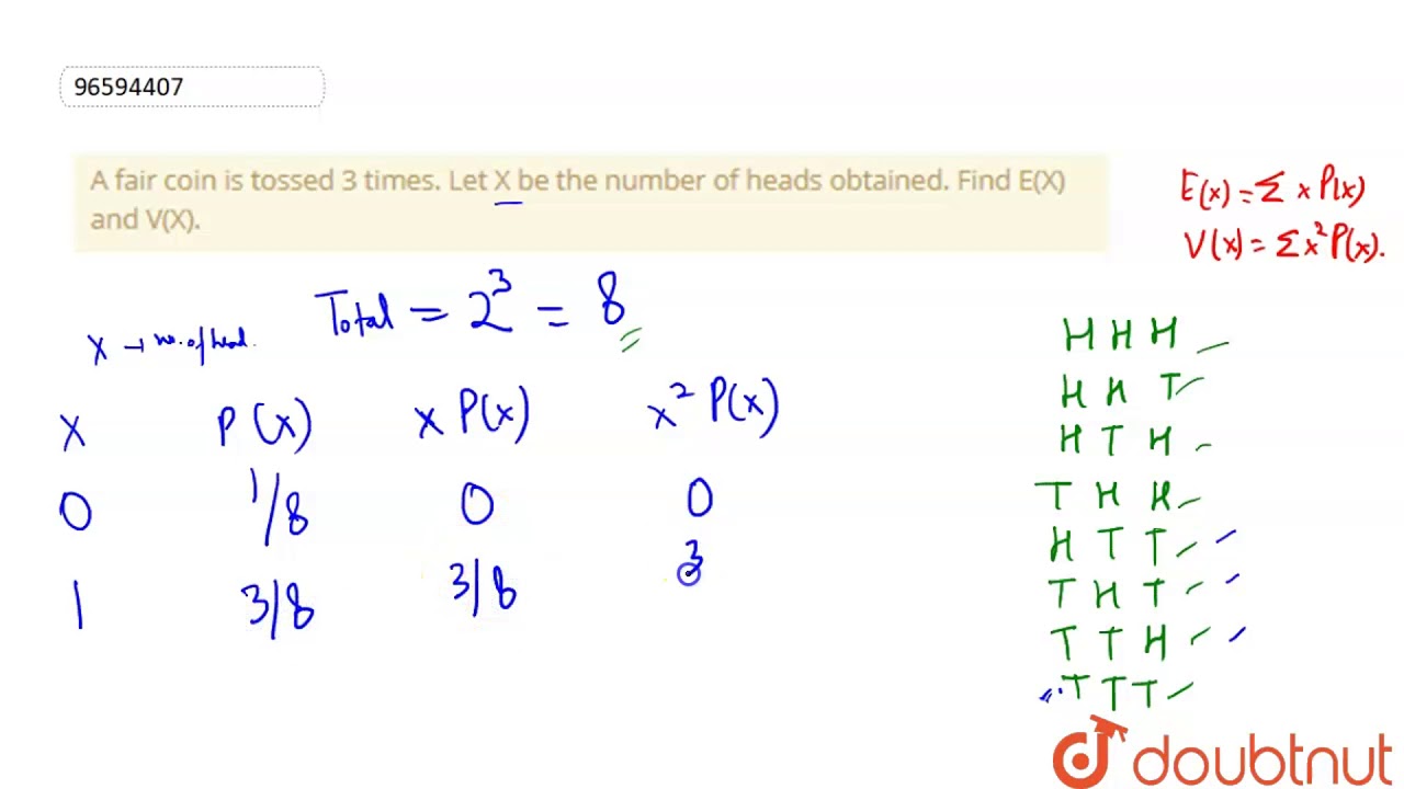 A Fair Coin Is Tossed 3 Times Let X Be The Number Of Heads Obtained Find E X And V X Youtube