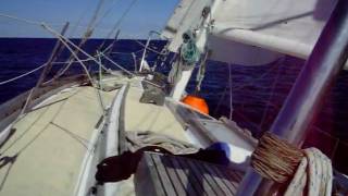 Marty and Tom sailing Roszika 20091010 video 3 missing a Lobster pot buoy