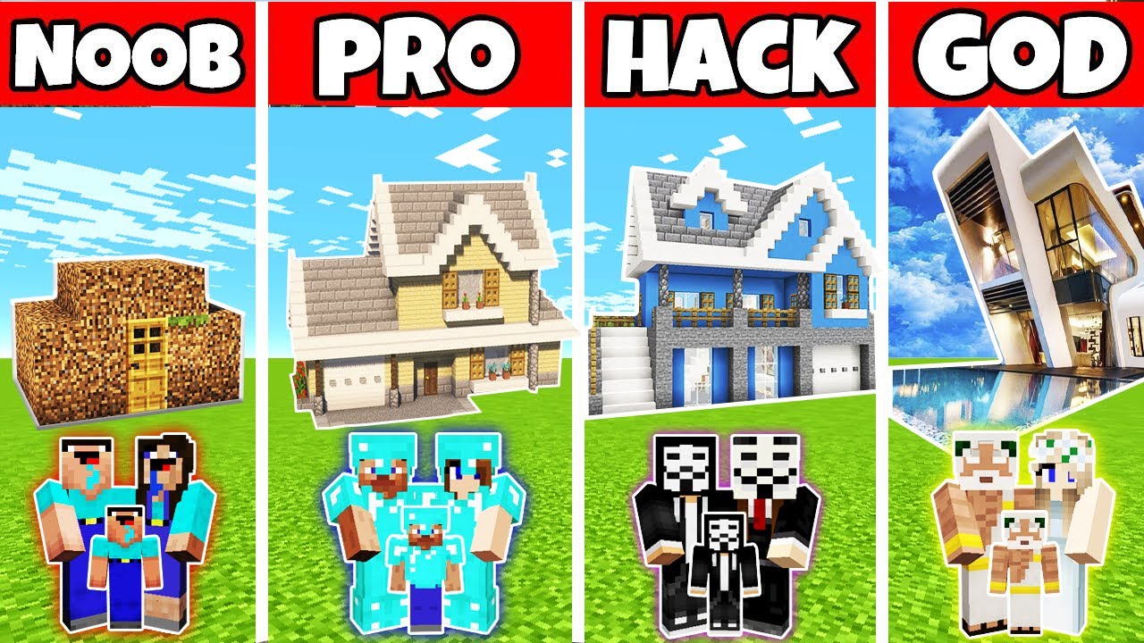 Minecraft Family Modern Party House Build Challenge Noob Vs Pro Vs Hacker Vs God Youtube - roblox bloxburg noob vs pro vs god videos infinitube