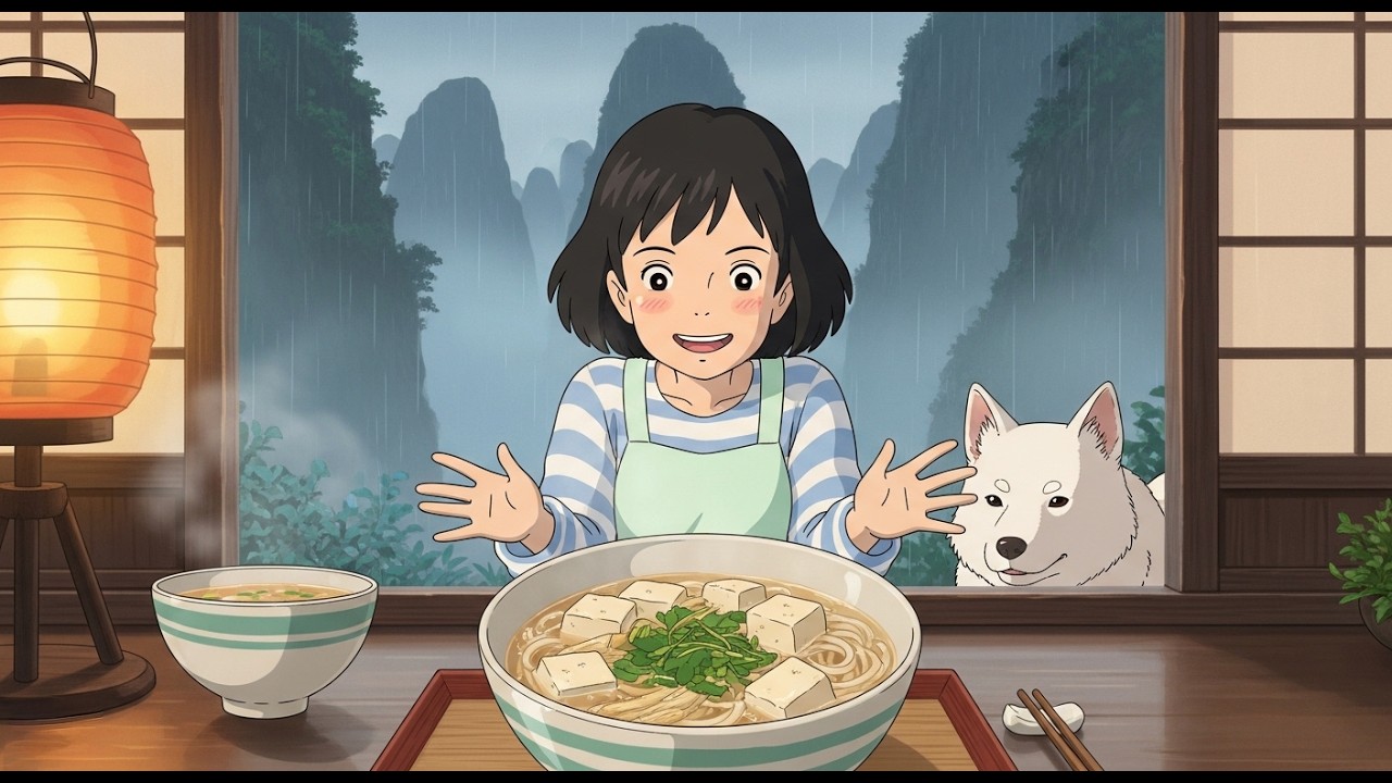 rainy cliffside house asmr cooking in the mountains ⛈️ silky tofu noodles | studio ghibli style