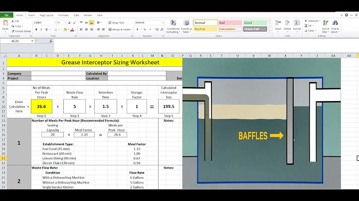 Grease interceptor sizing and selection using spreadsheet (Plumbing system design)