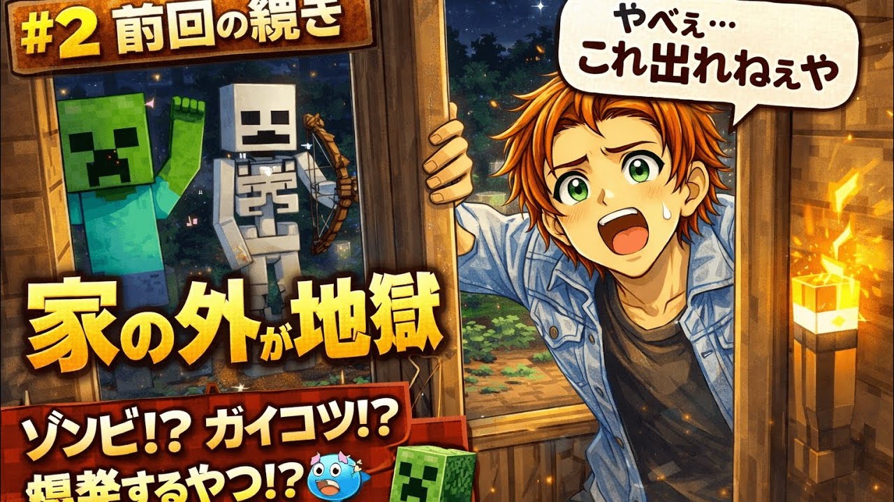 【マイクラ初見】家を建てたら詰んだｗｗゾンビとガイコツと爆発する奴に包囲されて外に出れません【知識0】