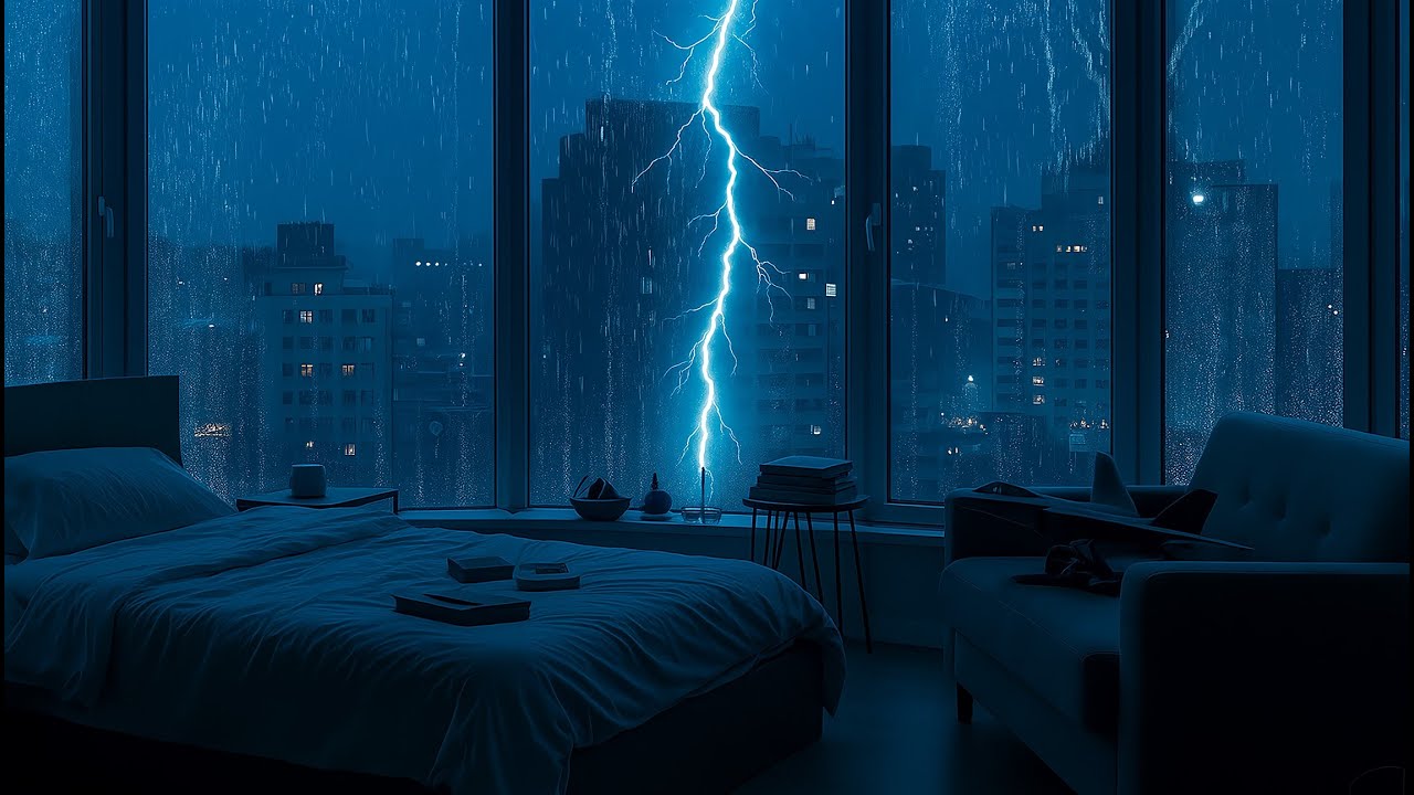 Sleeping in a Downtown Apartment During a Massive Thunderstorm with Loud Thunder & Rain