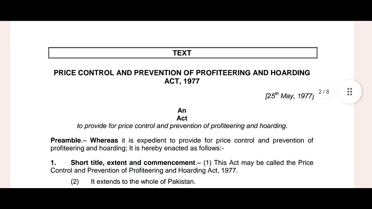 Price Control and Prevention of Hoarding Act 1977 I MCQs of Price Control Act I Price Control law