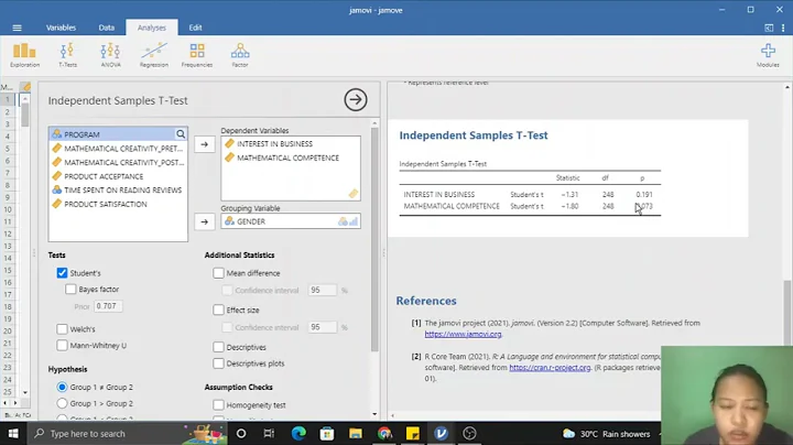 HOW TO USE JAMOVI IN SOLVING FOR T-TEST, REGRESSION, ANOVA AND PEARSON'S R