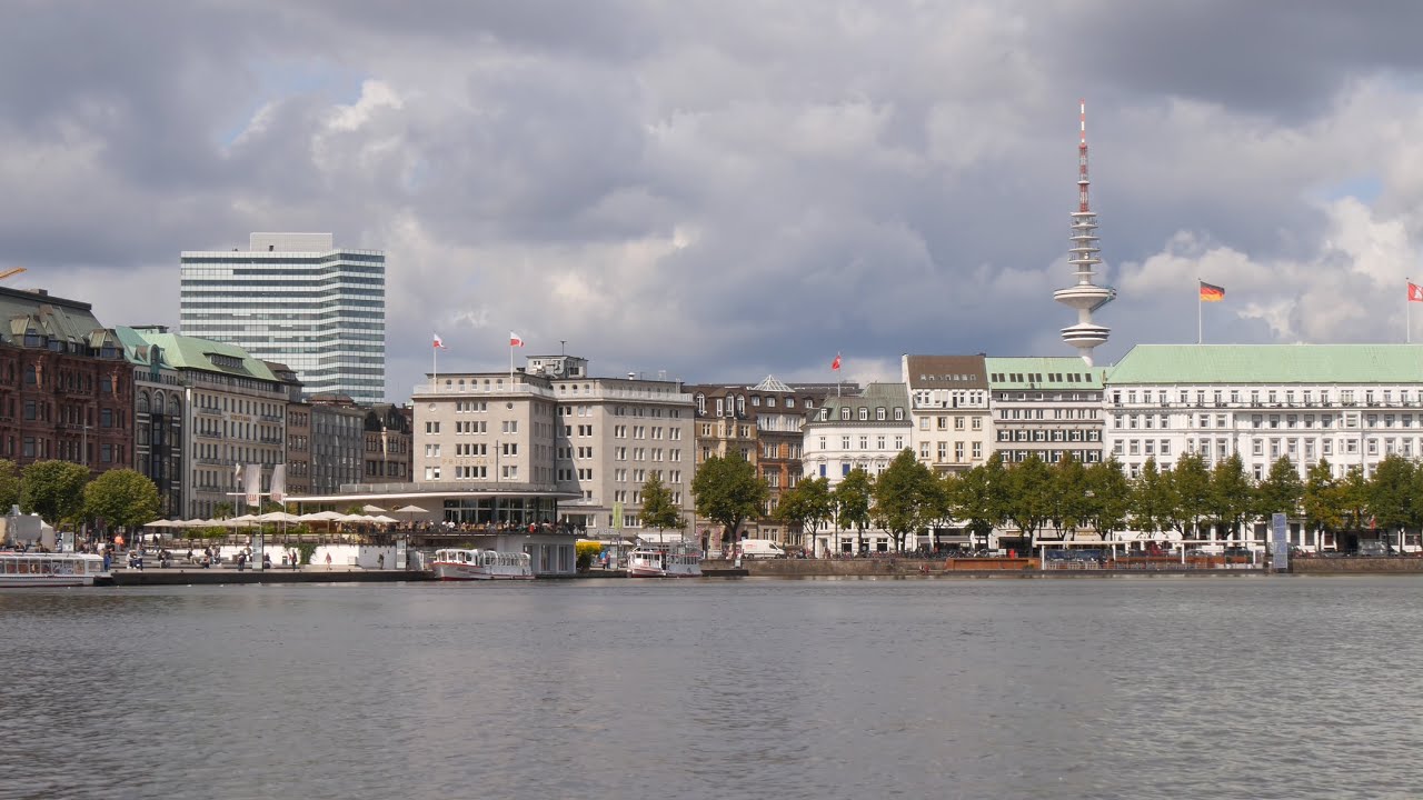 Hamburg, Germany: Inner Alster Lake (Binnenalster), Ballindamm shore - 4K UHD Video Image