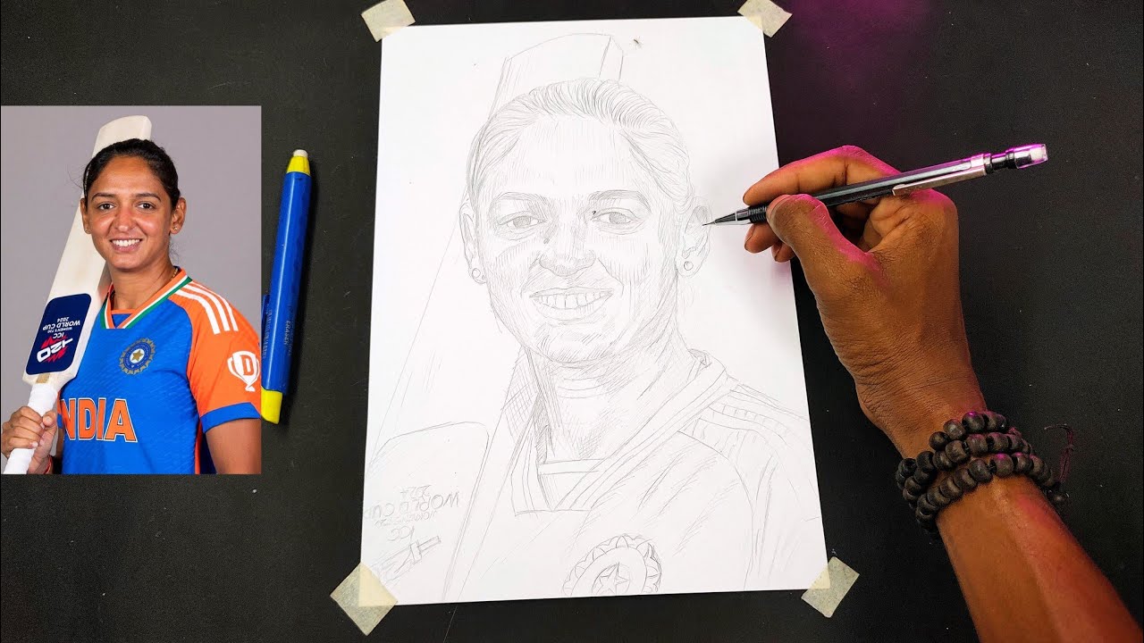 Harmanpreet Kaur Drawing,  World Cup 2025,  Outline Tutorial 😍INDIAN Women Team Drawing 🇮🇳