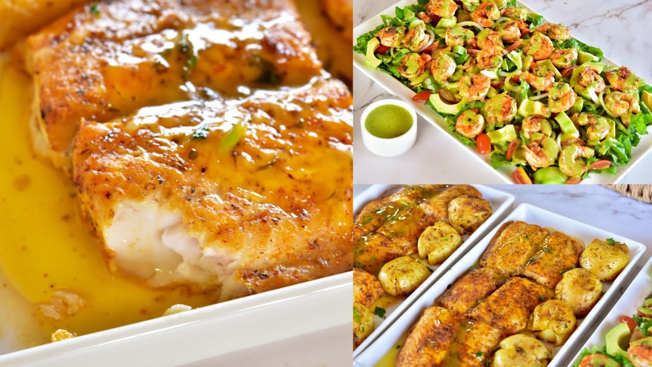 سمك فيليه مشوي مع أطيب سلطه روبيان وبطاطا مشويه😋😋Grilled fish, grilled potatoes and shrimp salad